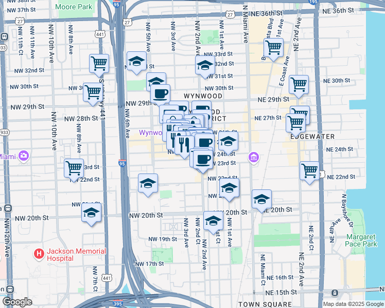 map of restaurants, bars, coffee shops, grocery stores, and more near 308 Northwest 24th Street in Miami