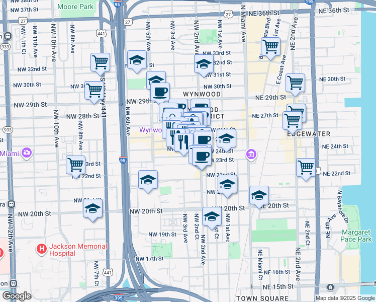 map of restaurants, bars, coffee shops, grocery stores, and more near 308 Northwest 24th Street in Miami