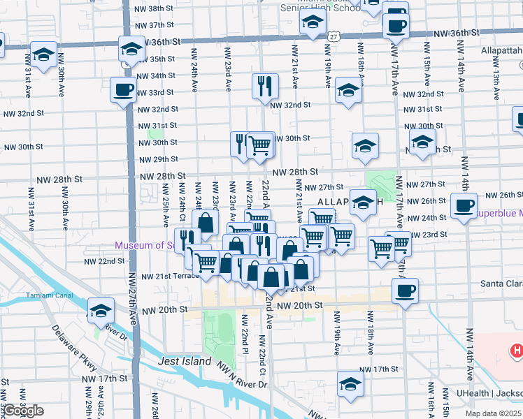 map of restaurants, bars, coffee shops, grocery stores, and more near 2210 Northwest 26th Street in Miami