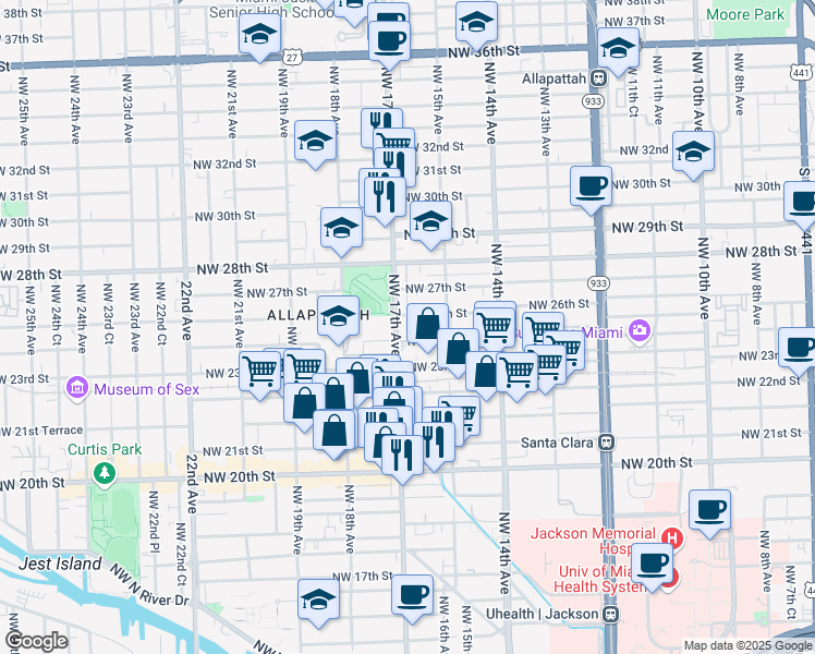 map of restaurants, bars, coffee shops, grocery stores, and more near 1665 Northwest 24th Street in Miami