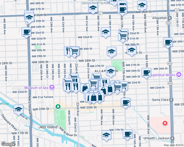 map of restaurants, bars, coffee shops, grocery stores, and more near 2030 Northwest 26th Street in Miami