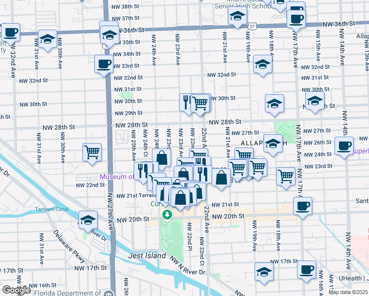 map of restaurants, bars, coffee shops, grocery stores, and more near 2290 Northwest 26th Street in Miami