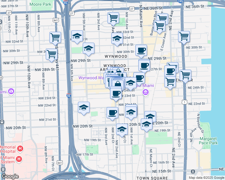 map of restaurants, bars, coffee shops, grocery stores, and more near 214 Northwest 24th Street in Miami