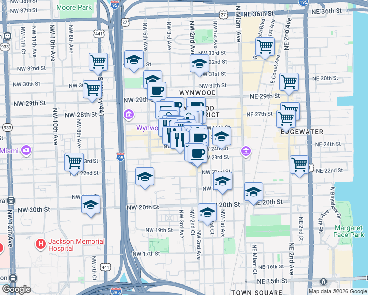 map of restaurants, bars, coffee shops, grocery stores, and more near 308 Northwest 24th Street in Miami
