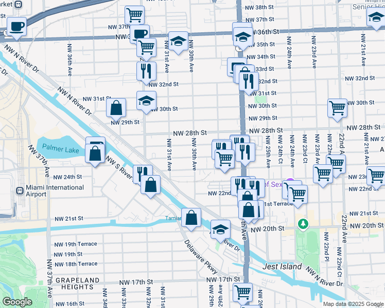 map of restaurants, bars, coffee shops, grocery stores, and more near 2602 Northwest 30th Avenue in Miami