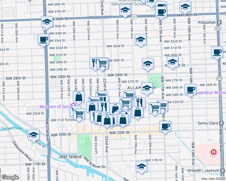 map of restaurants, bars, coffee shops, grocery stores, and more near 2146 Northwest 26th Street in Miami
