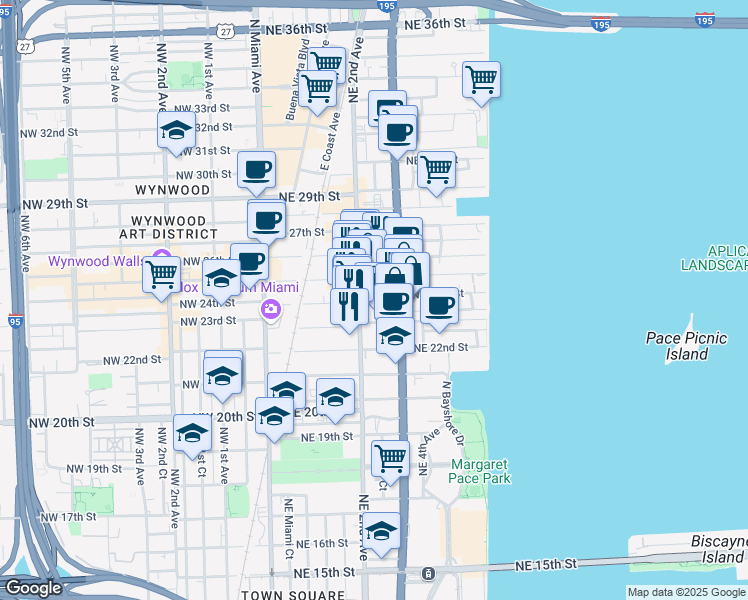 map of restaurants, bars, coffee shops, grocery stores, and more near 212 Northeast 24th Street in Miami
