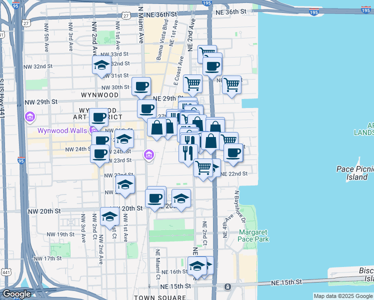 map of restaurants, bars, coffee shops, grocery stores, and more near 163 Northeast 24th Street in Miami