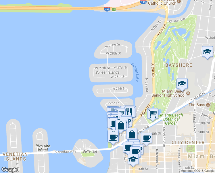 map of restaurants, bars, coffee shops, grocery stores, and more near 1727 West 24th Street in Miami Beach