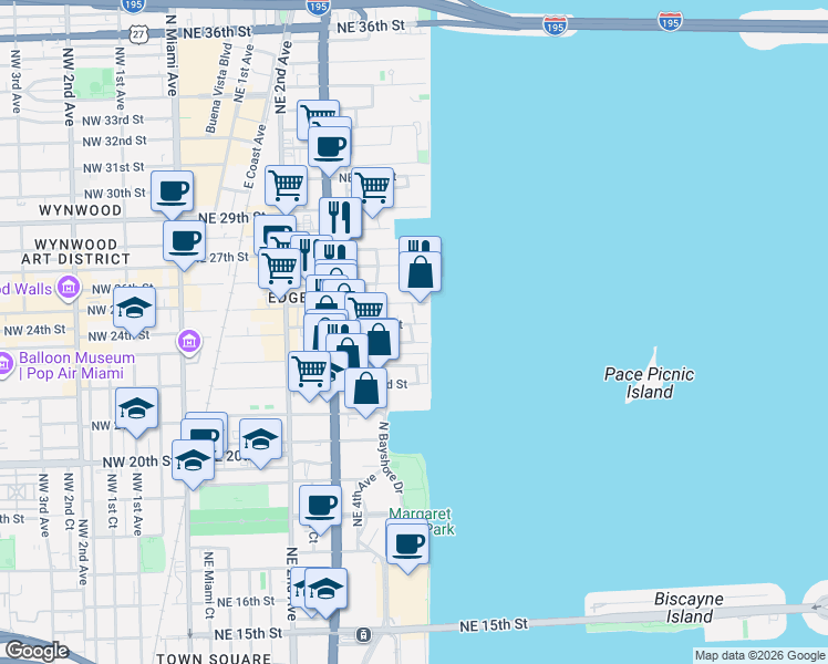 map of restaurants, bars, coffee shops, grocery stores, and more near 708 Northeast 24th Street in Miami