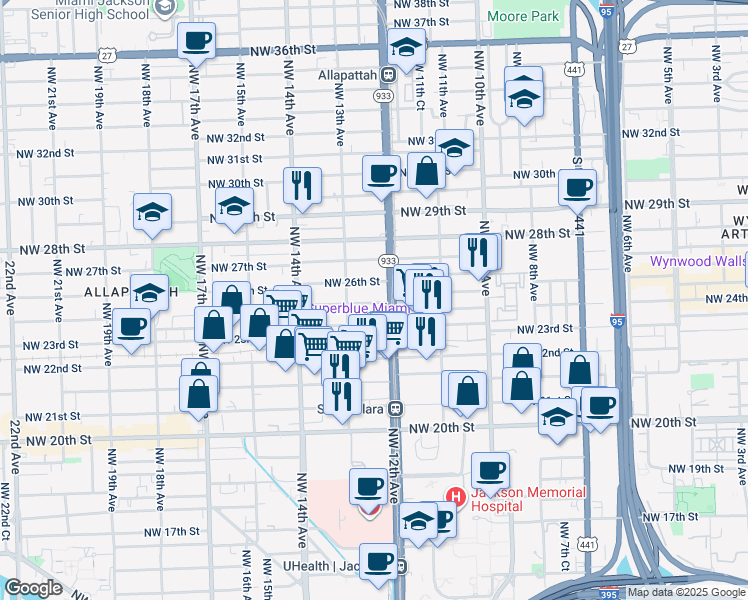 map of restaurants, bars, coffee shops, grocery stores, and more near 2502 Northwest 12th Avenue in Miami