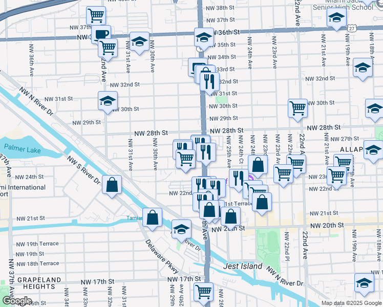 map of restaurants, bars, coffee shops, grocery stores, and more near 2751 Northwest 26th Street in Miami
