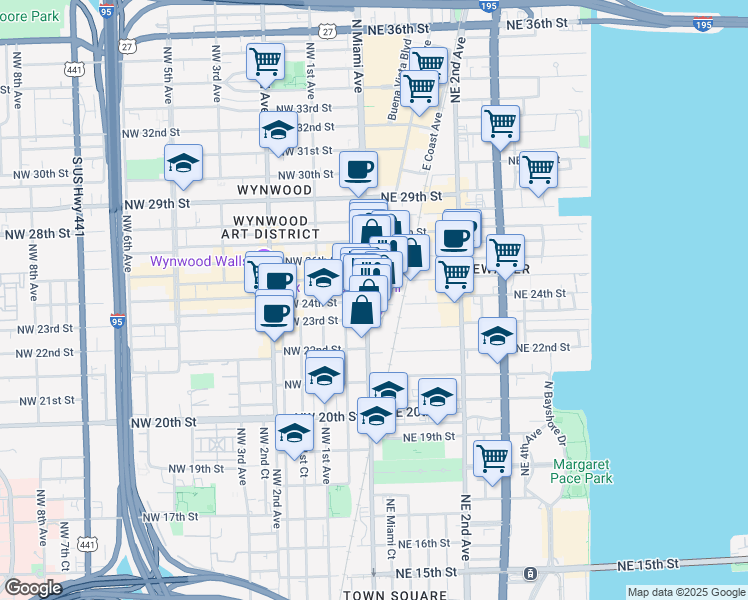 map of restaurants, bars, coffee shops, grocery stores, and more near 2405 North Miami Avenue in Miami