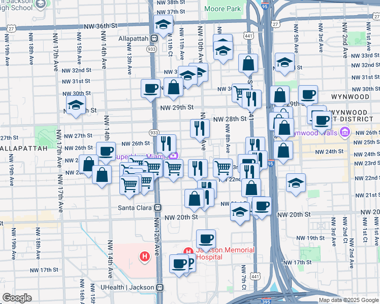 map of restaurants, bars, coffee shops, grocery stores, and more near 1062 Northwest 25th Street in Miami