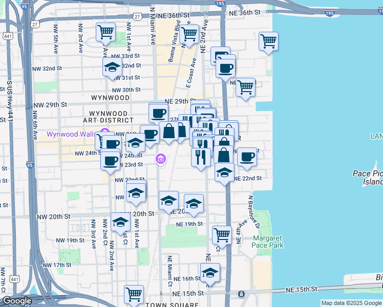 map of restaurants, bars, coffee shops, grocery stores, and more near 163 Northeast 24th Street in Miami