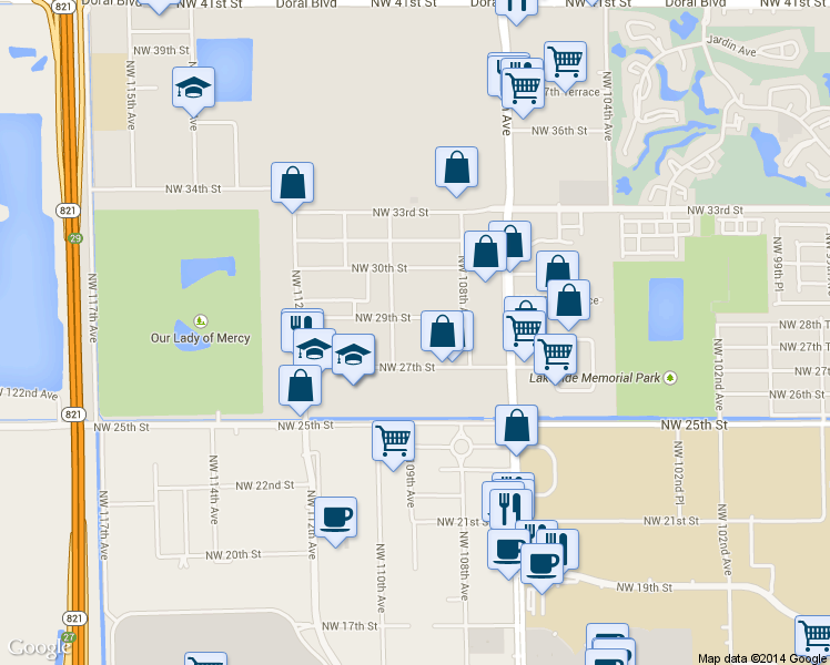map of restaurants, bars, coffee shops, grocery stores, and more near 10890 Northwest 29th Street in Doral