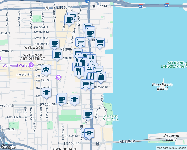 map of restaurants, bars, coffee shops, grocery stores, and more near 350 Northeast 24th Street in Miami
