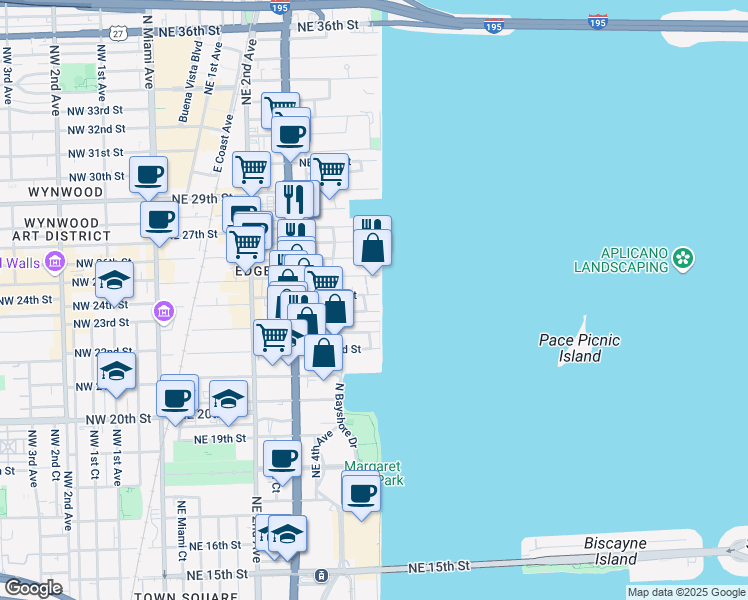map of restaurants, bars, coffee shops, grocery stores, and more near 708 Northeast 24th Street in Miami