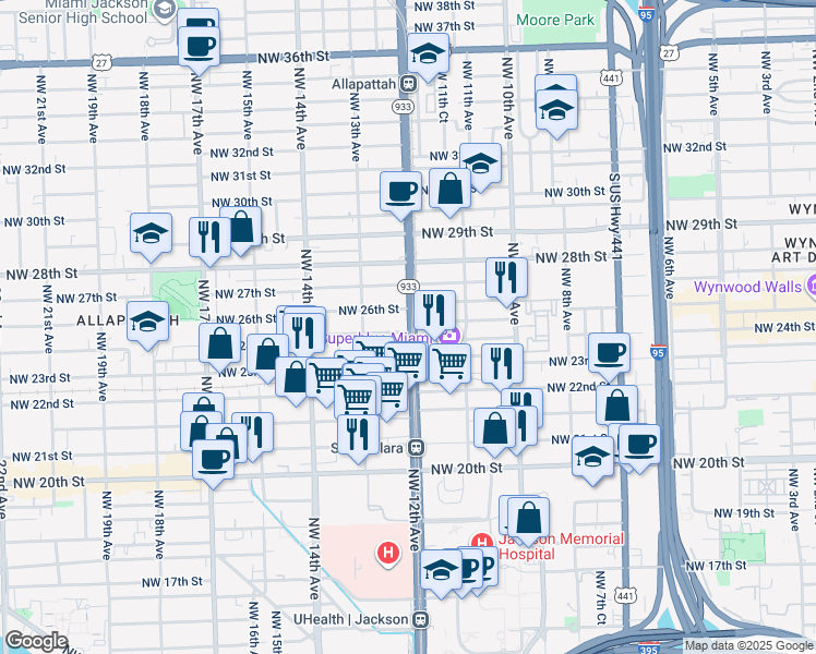 map of restaurants, bars, coffee shops, grocery stores, and more near 2502 Northwest 12th Avenue in Miami