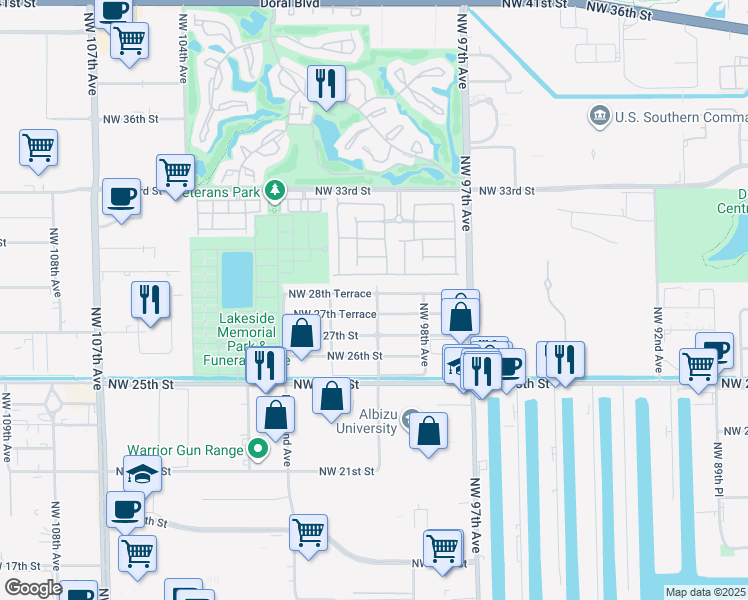map of restaurants, bars, coffee shops, grocery stores, and more near 2800 Northwest 99th Avenue in Doral