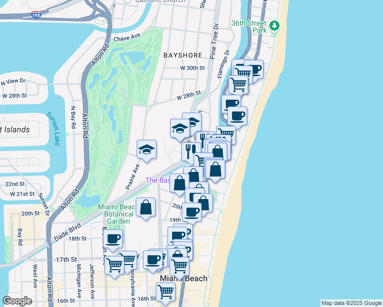 map of restaurants, bars, coffee shops, grocery stores, and more near 2300 Pine Tree Drive in Miami Beach