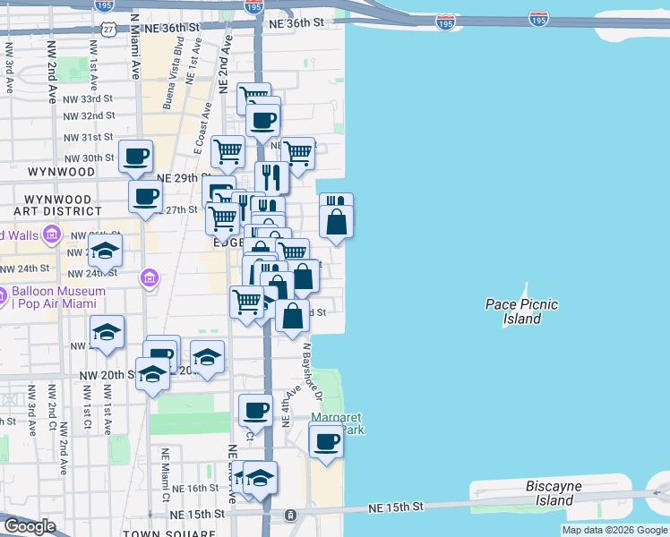 map of restaurants, bars, coffee shops, grocery stores, and more near 708 Northeast 24th Street in Miami