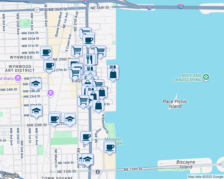 map of restaurants, bars, coffee shops, grocery stores, and more near 708 Northeast 24th Street in Miami