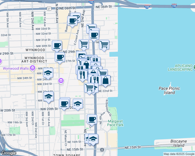 map of restaurants, bars, coffee shops, grocery stores, and more near 350 Northeast 24th Street in Miami