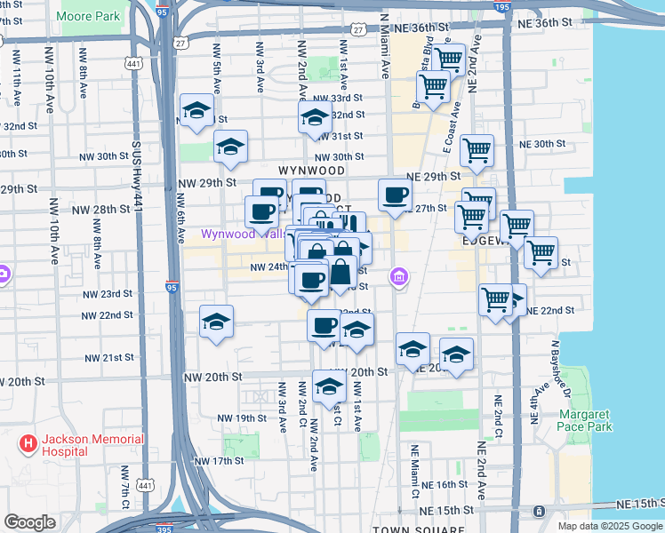 map of restaurants, bars, coffee shops, grocery stores, and more near 119 Northwest 24th Street in Miami