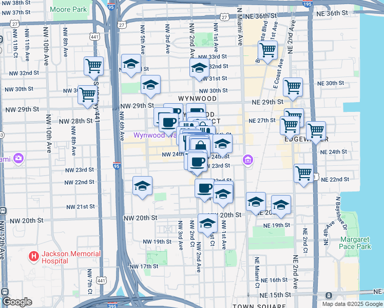 map of restaurants, bars, coffee shops, grocery stores, and more near 2405 Northwest 2nd Avenue in Miami
