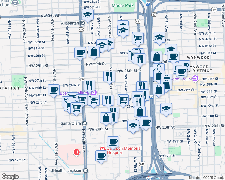 map of restaurants, bars, coffee shops, grocery stores, and more near 2401 Northwest 10th Avenue in Miami
