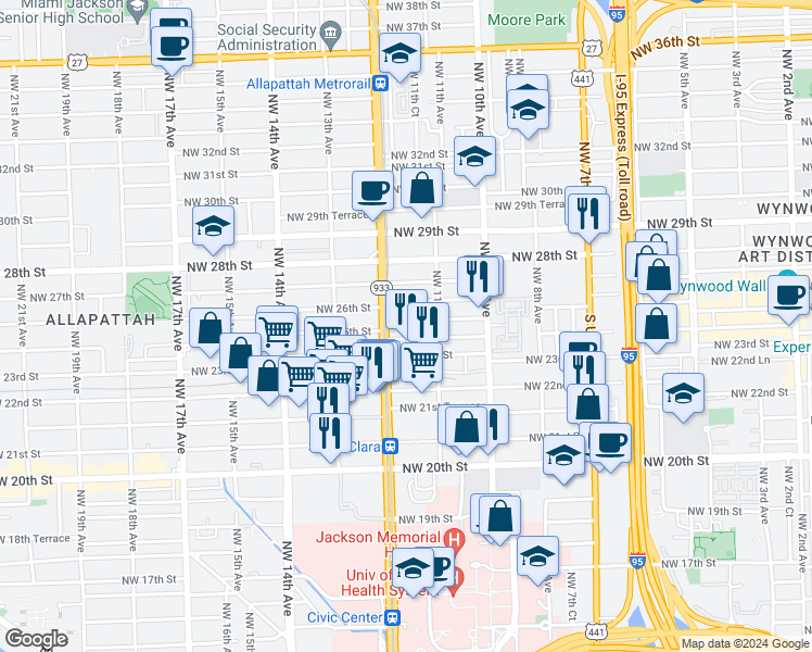 map of restaurants, bars, coffee shops, grocery stores, and more near 1144 Northwest 25th Street in Miami