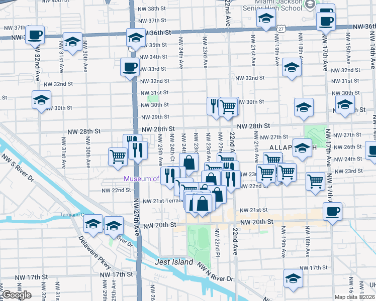 map of restaurants, bars, coffee shops, grocery stores, and more near 2510 Northwest 23rd Court in Miami