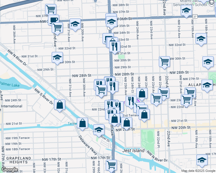 map of restaurants, bars, coffee shops, grocery stores, and more near 2751 Northwest 26th Street in Miami