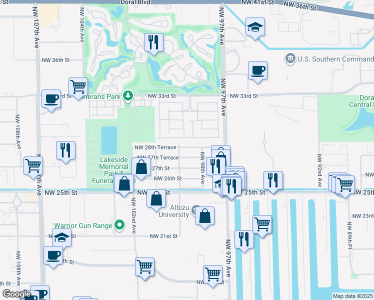 map of restaurants, bars, coffee shops, grocery stores, and more near 9870 Northwest 28th Terrace in Doral