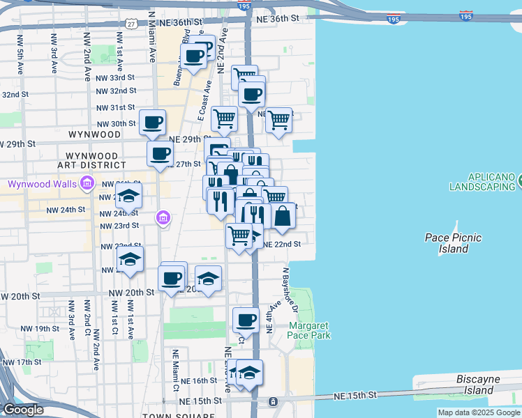 map of restaurants, bars, coffee shops, grocery stores, and more near 350 Northeast 24th Street in Miami