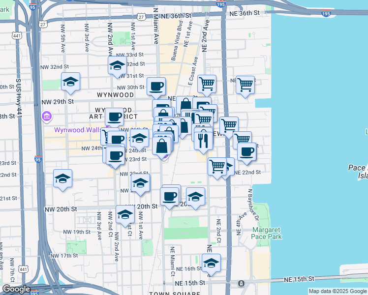map of restaurants, bars, coffee shops, grocery stores, and more near 101 Northeast 24th Street in Miami