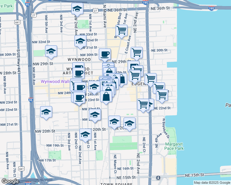 map of restaurants, bars, coffee shops, grocery stores, and more near 55 Northeast 24th Street in Miami