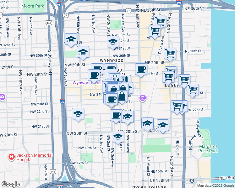 map of restaurants, bars, coffee shops, grocery stores, and more near 119 Northwest 24th Street in Miami