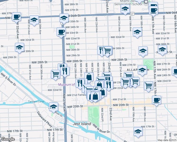 map of restaurants, bars, coffee shops, grocery stores, and more near 2510 Northwest 23rd Court in Miami