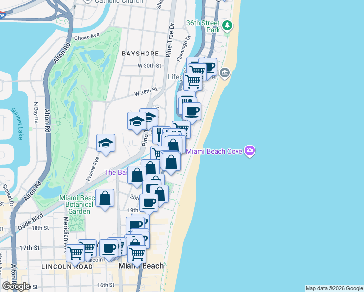 map of restaurants, bars, coffee shops, grocery stores, and more near 2-198 24th Street in Miami Beach
