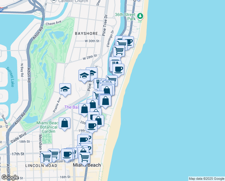 map of restaurants, bars, coffee shops, grocery stores, and more near 2-198 24th Street in Miami Beach