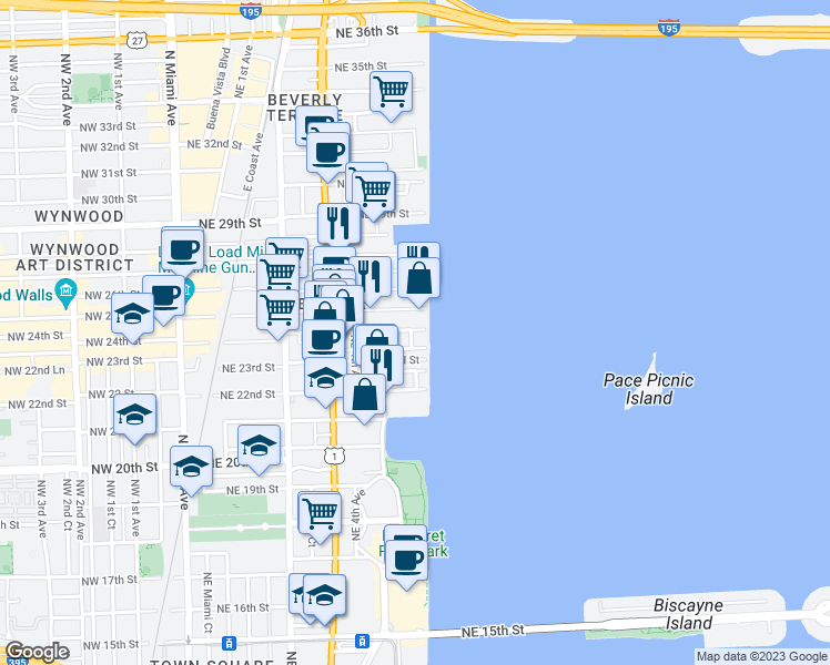 map of restaurants, bars, coffee shops, grocery stores, and more near 708 Northeast 24th Street in Miami