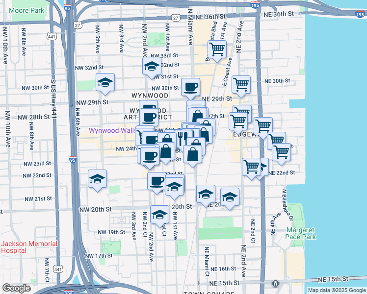 map of restaurants, bars, coffee shops, grocery stores, and more near 55 Northwest 24th Street in Miami