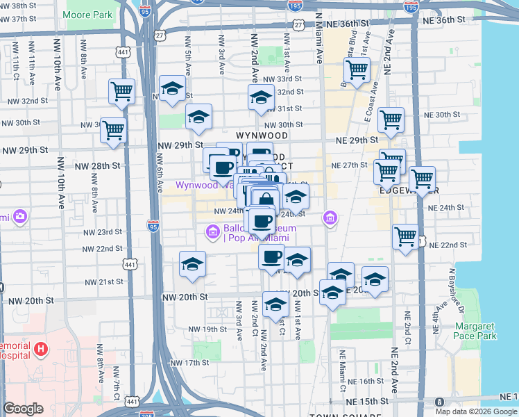 map of restaurants, bars, coffee shops, grocery stores, and more near 176 Northwest 24th Street in Miami