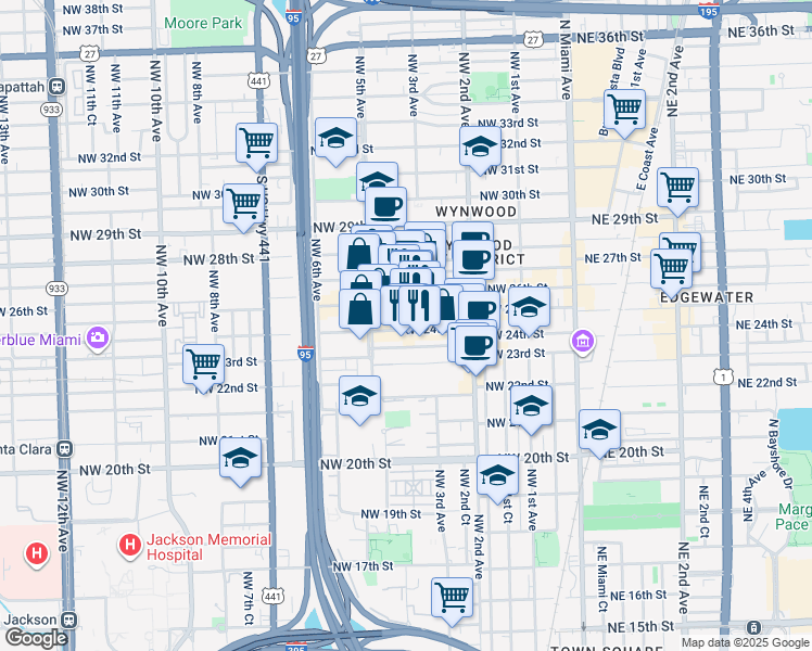map of restaurants, bars, coffee shops, grocery stores, and more near 391 Northwest 24th Street in Miami