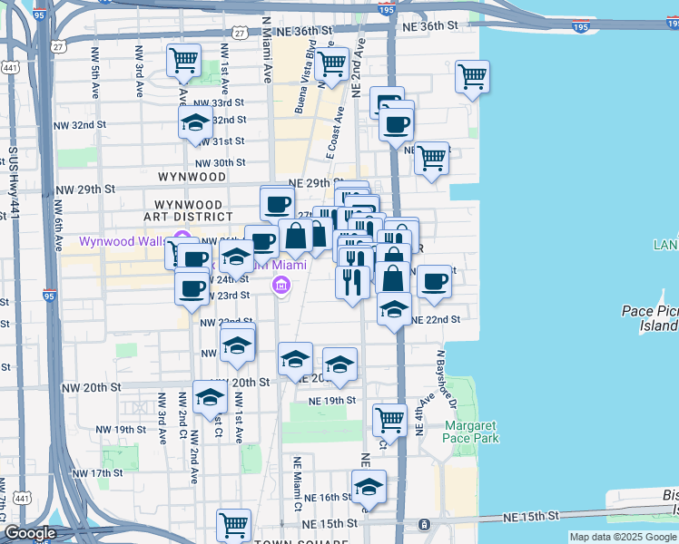 map of restaurants, bars, coffee shops, grocery stores, and more near 163 Northeast 24th Street in Miami