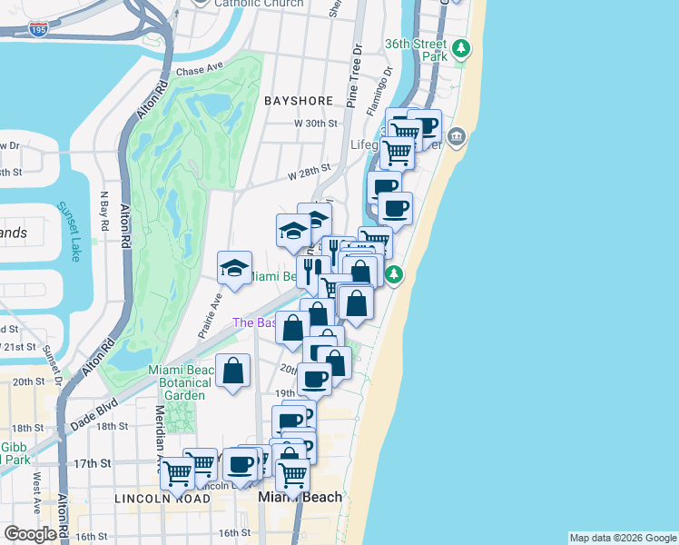 map of restaurants, bars, coffee shops, grocery stores, and more near 2383 Flamingo Drive in Miami Beach