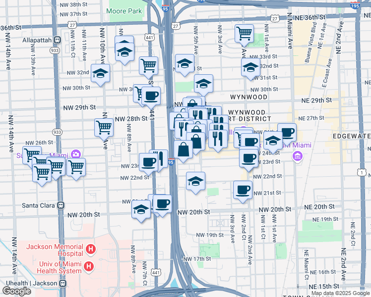 map of restaurants, bars, coffee shops, grocery stores, and more near 2401 Northwest 6th Avenue in Miami