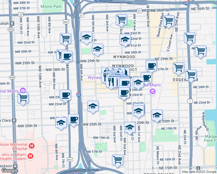 map of restaurants, bars, coffee shops, grocery stores, and more near 308 Northwest 24th Street in Miami